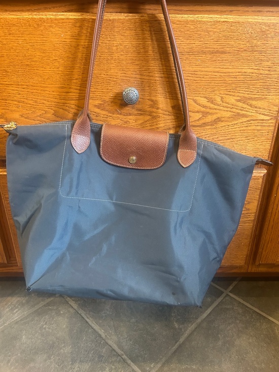 Longchamp Handbags - Longchamp Le Pliage Navy Tote with Brown Leather Trim